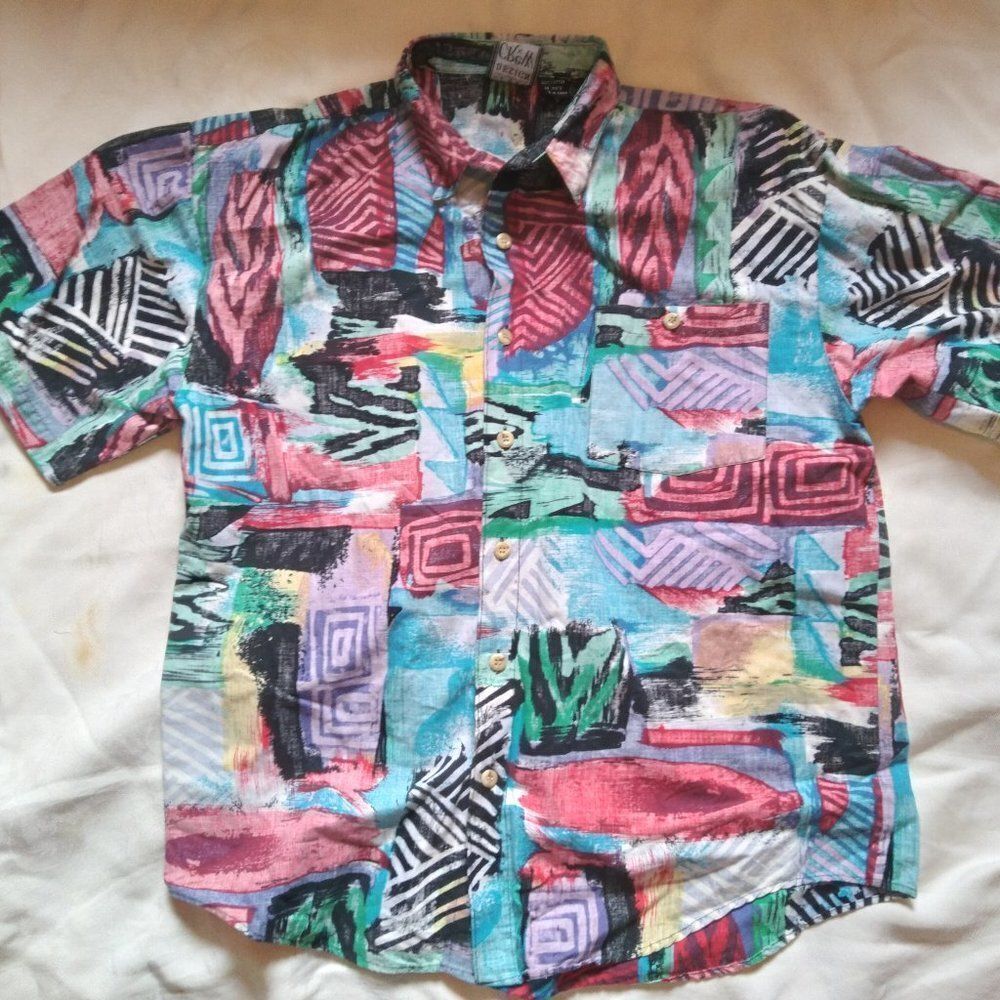 Vtg Design Crew Abstract Pattern Hawaiian Shirt - image 2